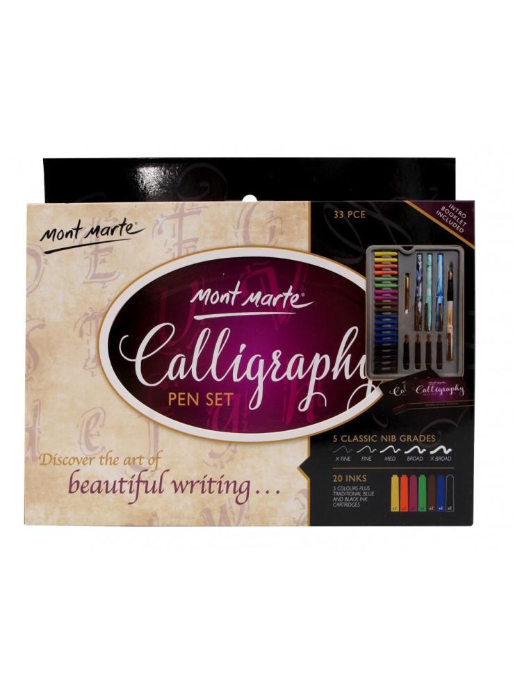 Mont Marte Calligraphy Set, 33 Piece. Includes Calligraphy Pens, Calligraphy Nibs, Ink Cartridges, Introduction Booklet and Exercise Booklet.